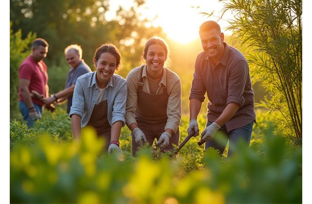 Diverse group of people, including Cyndroxalenium staff, working together in a vibrant community garden in Austin, promoting sustainability