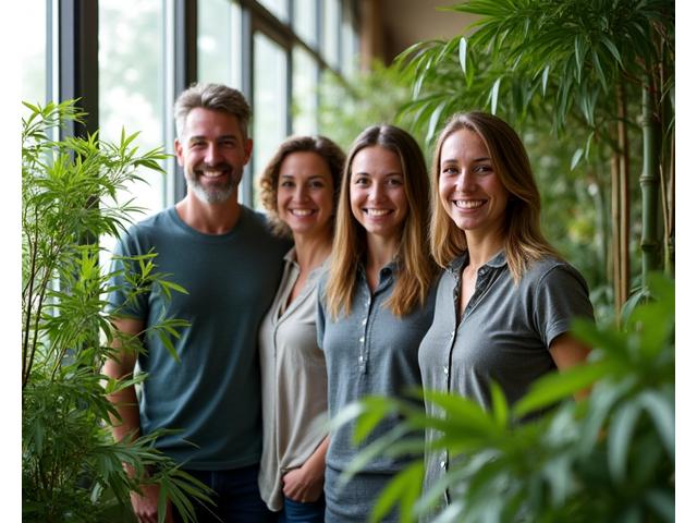 Team members of Cyndroxalenium Everbloom Organics smiling in a lush, bamboo-filled indoor space, representing their passion for sustainable living