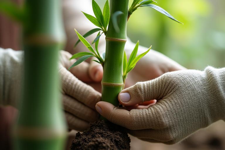 Hands carefully separating a new bamboo stalk from a mother plant for propagation.