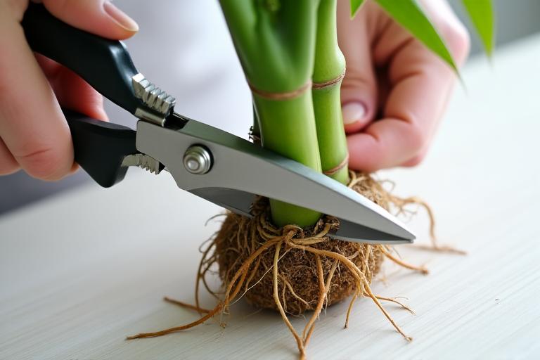 Close-up of pruning shears carefully trimming dense bamboo roots in a pot.