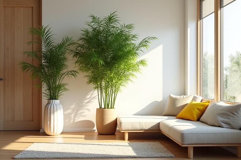 Lush, thriving indoor bamboo plant in a modern Austin home, bathed in natural light. A green sofa and subtle natural decor suggest tranquility.