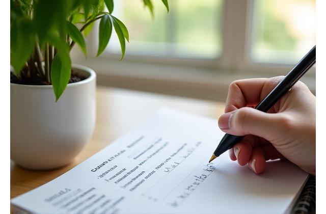 A hand with a notebook and pen, next to a healthy bamboo plant, symbolizing journaling and tracking plant health progress.
