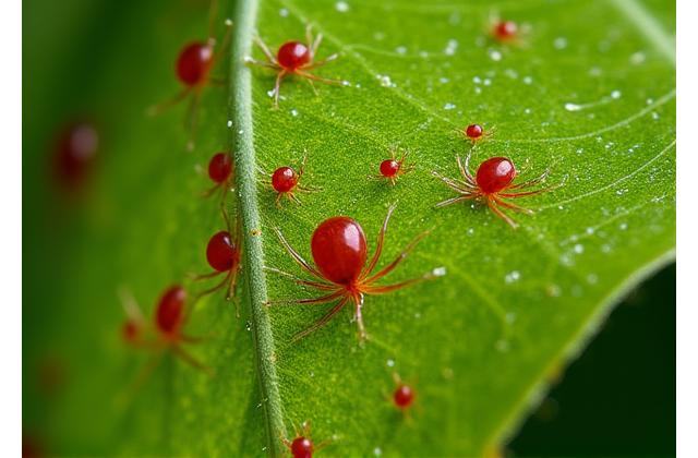 Close up of tiny spider mites and fine webbing on the underside of a bamboo leaf.