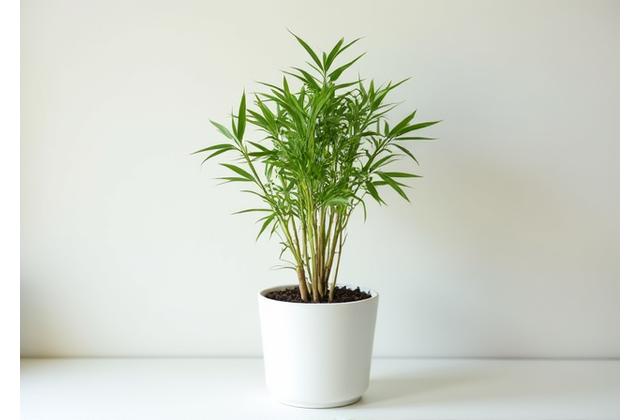 A small, underdeveloped bamboo plant with sparse leaves compared to a healthy one, illustrating stunted growth.
