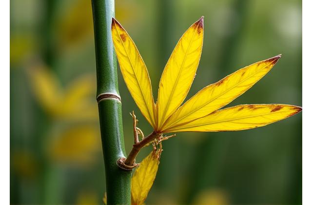 Close-up of a bamboo stalk with several yellowed leaves, indicating distress.