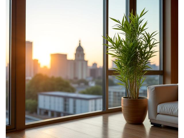 Bamboo garden integrated with Austin city skyline in background
