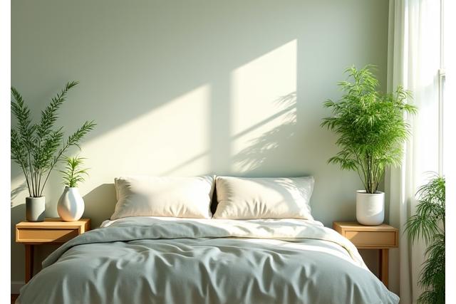 A tranquil bedroom with peace-inducing plants, soft textiles, and indirect lighting, designed to promote restful sleep and relaxation.