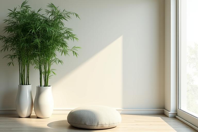 A serene meditation corner with lush bamboo plants and soft, natural light, creating a peaceful escape in an Austin home.