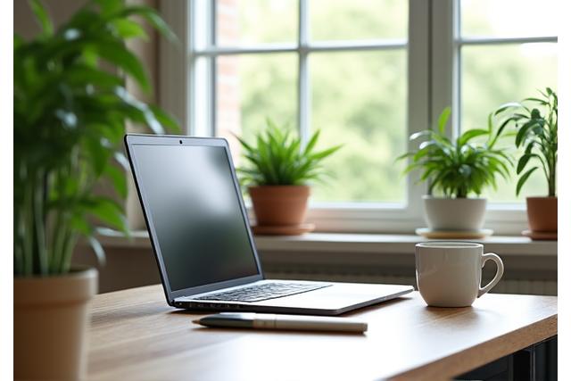 A calming home office setup with strategically placed green plants, a bamboo screen, and ample natural light, promoting focus and reducing stress.
