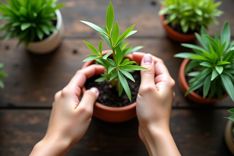 Hands gently tending to a potted bamboo plant, symbolizing the mindfulness and calming rituals of slow living and plant care.
