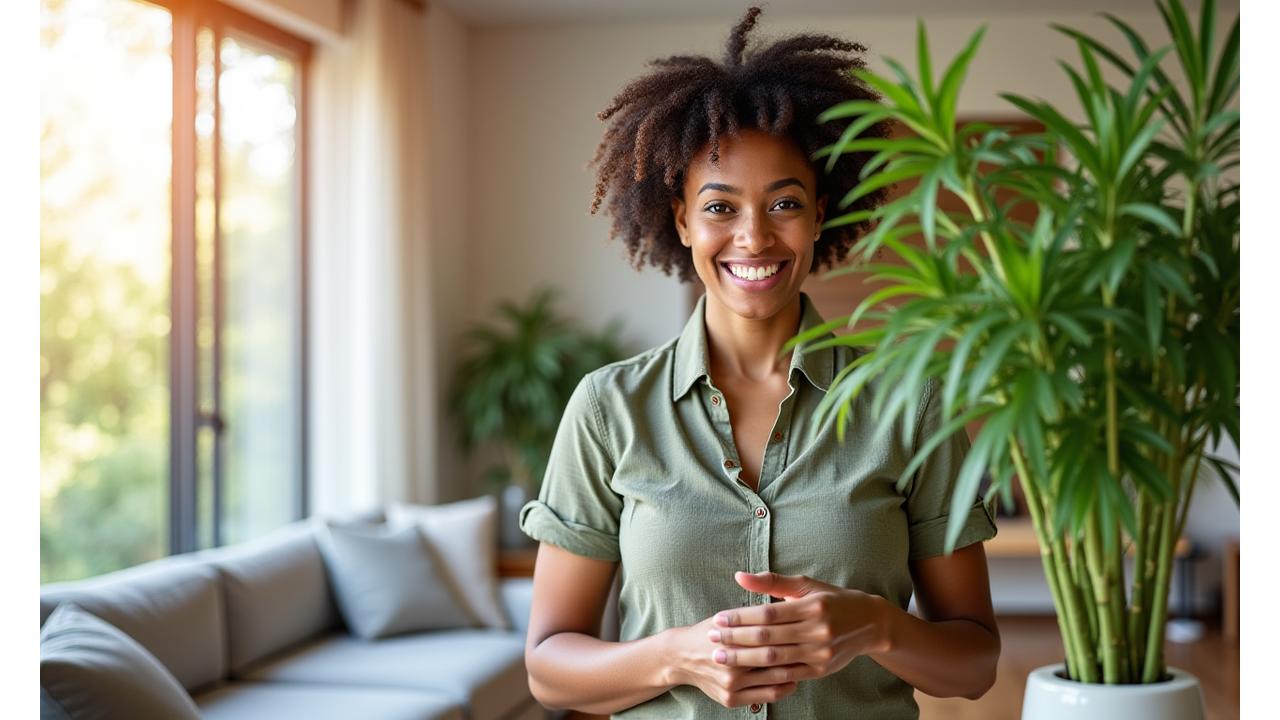 Cyndroxalenium Everbloom Organics team member smiling while tending to a lush indoor bamboo plant