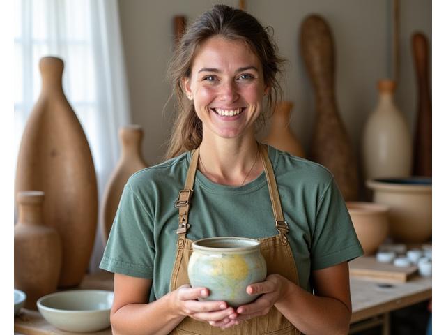 A portrait of a local Austin artisan in their bright, airy studio, surrounded by unfinished wooden sculptures and natural dyes. They are smiling, holding a handcrafted ceramic pot.