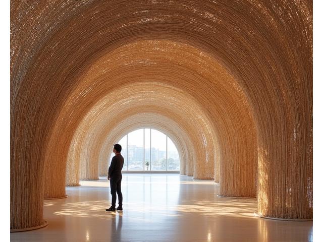 A large-scale, intricate art installation made entirely of woven bamboo, resembling a natural organic form, showcased in a modern museum gallery with soft spotlights.