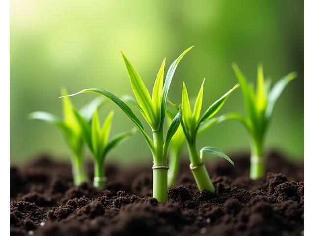 A close-up shot of young, vibrant bamboo shoots emerging from rich, dark soil, illuminated by soft natural light, symbolizing growth and renewal.