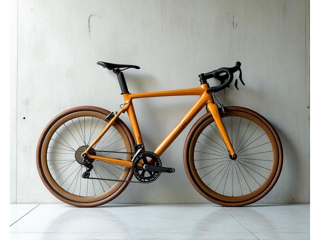 An innovative, lightweight bamboo bicycle frame leaning against a modern concrete wall, showcasing engineered bamboo as a high-performance, sustainable material.