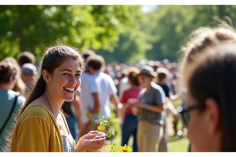 A bustling shot of people gathered at an outdoor community event in Zilker Park, Austin, with vendors selling handmade eco-friendly products and attendees participating in a planting workshop.