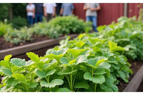A vibrant community garden in East Austin, with raised garden beds full of diverse vegetables and herbs, shared tools, and a group of happy volunteers tending the plants.