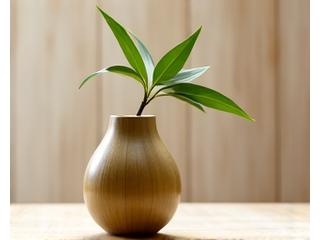 A handcrafted bamboo vase with a unique textured finish, holding a single, minimalist green leaf. The background is blurred, focusing on the natural elegance of the vase.