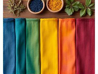 Fabric swatches hand-dyed with natural pigments like indigo and turmeric, laid out on a rustic wooden table next to bowls of dried natural dye ingredients.