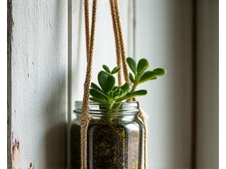 A stylish upcycled glass jar with macrame hanging, repurposed as a planter for a small succulent. It hangs against a rustic, light-colored wooden wall, demonstrating creative reuse.