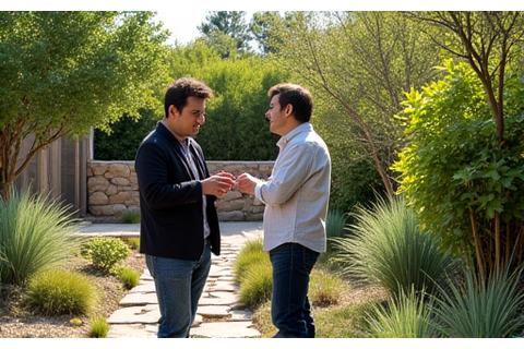A lively shot of Marcus Chen, an Austin landscape architect, discussing plans with a client in a lush, drought-tolerant garden filled with native Texas plants and a small bamboo grove.