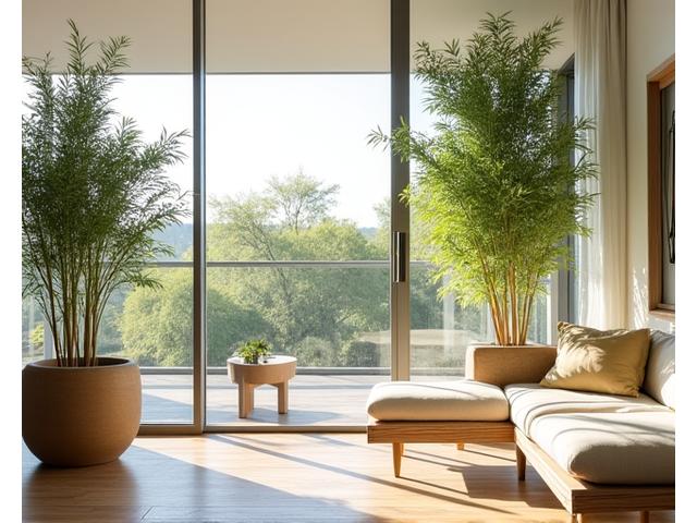 A bright, modern Austin living room with extensive natural light, featuring bamboo plants in elegant pots, sustainable wood furniture, and soft, natural textiles. The overall aesthetic is calm, organic, and inviting, showcasing biophilic design principles.