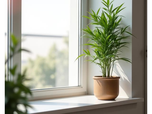 Elegant bamboo sprouts in a minimalist pot on an apartment windowsill