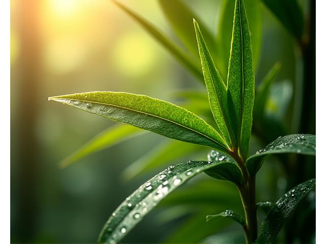 Lush bamboo leaves glistening under soft indoor light