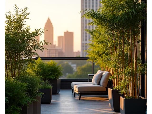 A small, lush balcony garden in an Austin high-rise apartment, featuring carefully arranged bamboo in pots.