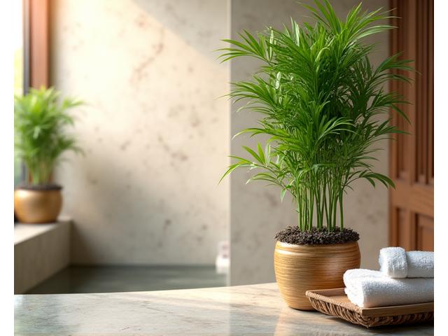 Spa-like bathroom with humidity-loving bamboo plants complementing natural stone and wood textures.