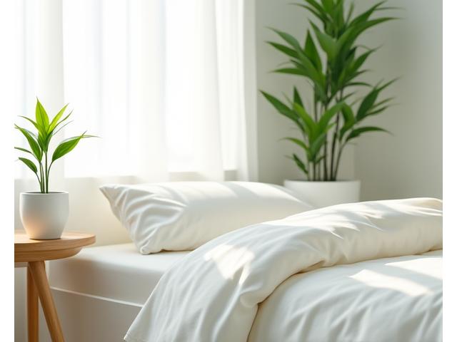 Peaceful bedroom with a small potted bamboo on a bedside table, creating a calming ambiance.
