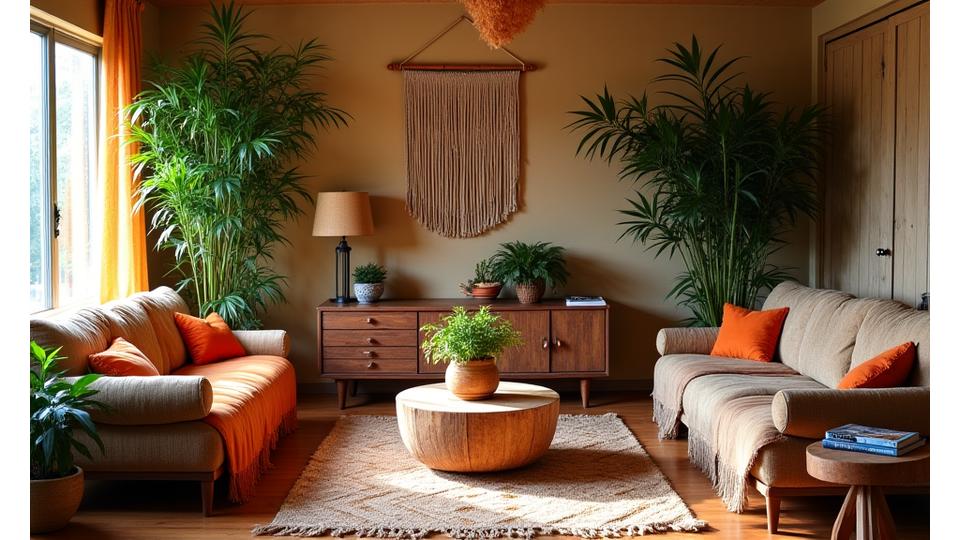 Vibrant, eclectic South Austin home with a lush bohemian bamboo garden feature, surrounded by textiles and natural elements.