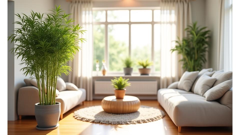 Bright, family-friendly living space in Austin with sturdy, non-toxic bamboo plants safely integrated away from children and pets.