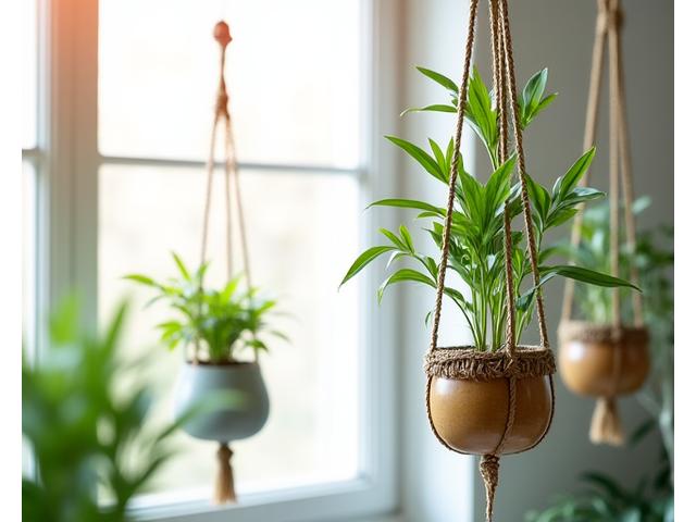 Creative hanging bamboo solutions in an apartment, maximizing vertical space and light.