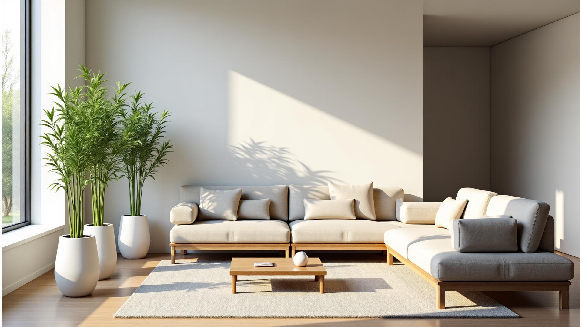 Stunning interior living room with tall bamboo plants complementing modern Austin decor