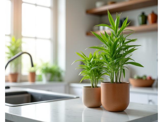 Modern kitchen island featuring small bamboo plants in elegant pots, adding freshness to the space.