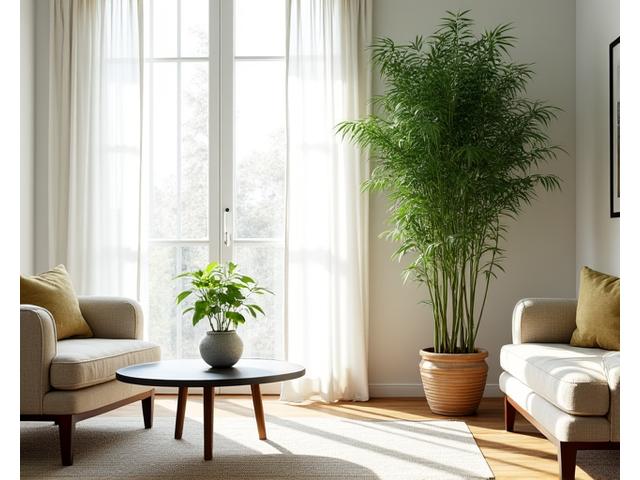 Elegant living room with tall bamboo stalks by a window, creating a serene atmosphere.