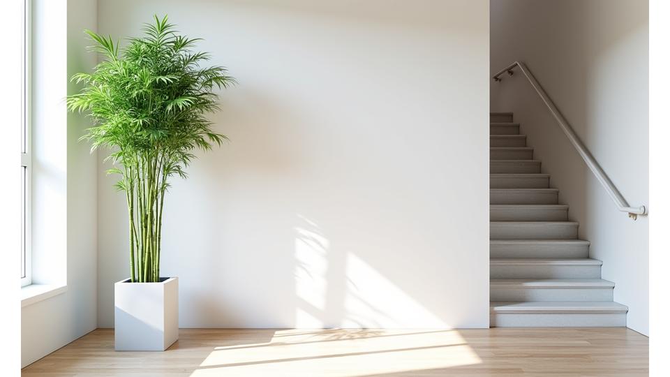 Sleek modern condo interior in Austin with a tall, slender bamboo arrangement in a minimalist white vase.