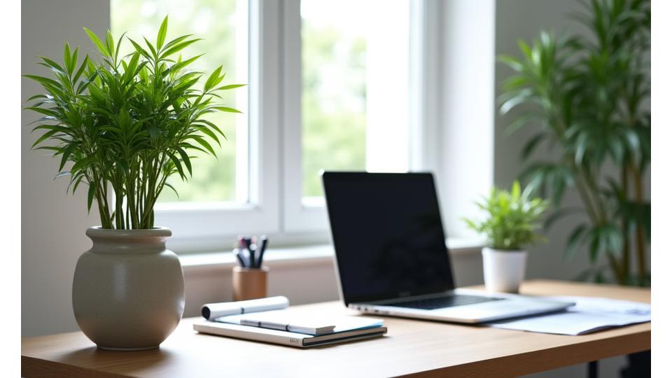 Sophisticated home office with carefully placed bamboo as a professional, calming backdrop for virtual meetings.