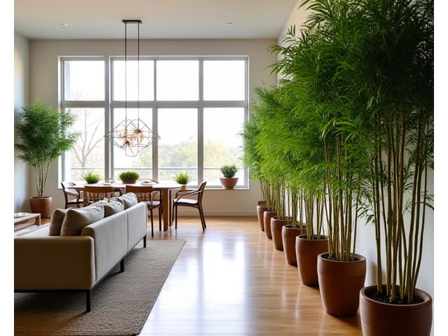 Bamboo plants arranged as a natural, subtle room divider in an open-plan Austin condo.