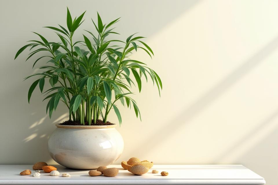 A home interior showing subtle seasonal decor changes around a bamboo plant, from spring blossoms to autumn leaves.