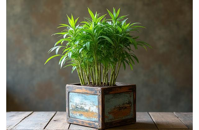 Creative upcycled planter made from reclaimed wood, holding a healthy bamboo plant.