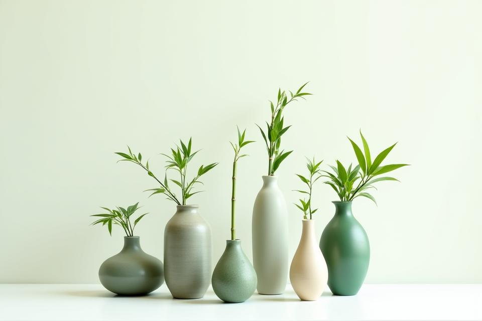 A collection of stylish bamboo vases and containers in various materials and designs, with bamboo stalks.