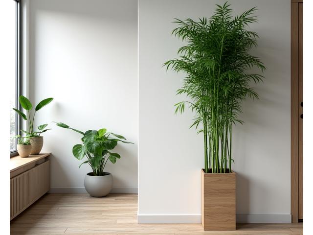 Vertical bamboo arrangement creatively using wall space in a small Austin apartment.