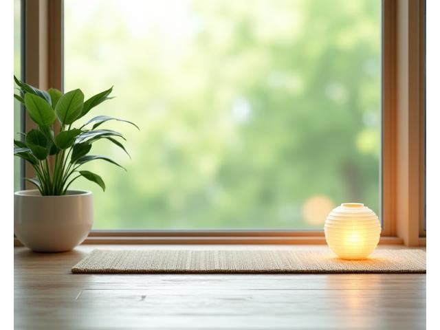 Serene meditation nook designed with natural materials: soft lighting, bamboo mat, and a subtle green indoor plant in a ceramic pot, promoting calm.