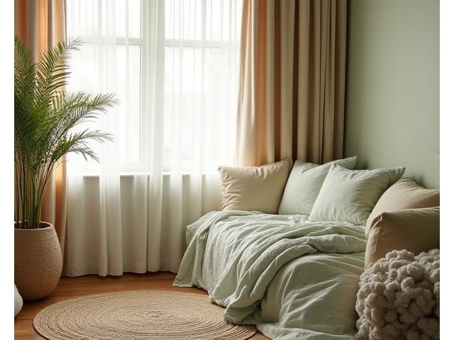 Cozy bedroom with bed dressed in organic cotton linens, a natural hemp rug, and bamboo fiber curtains, creating a soft, calming ambiance.