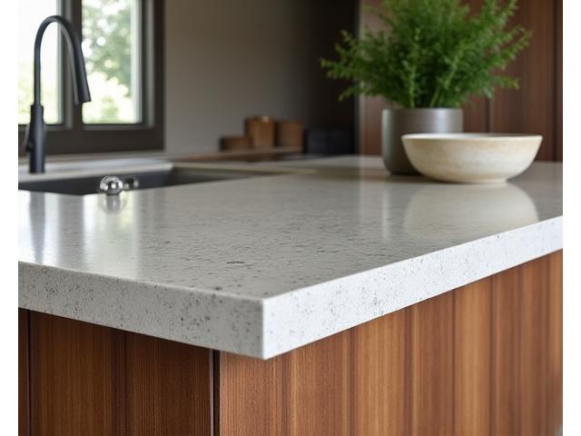 Kitchen island with a natural Texas limestone countertop and reclaimed wood paneling beneath, showcasing rustic modern design.