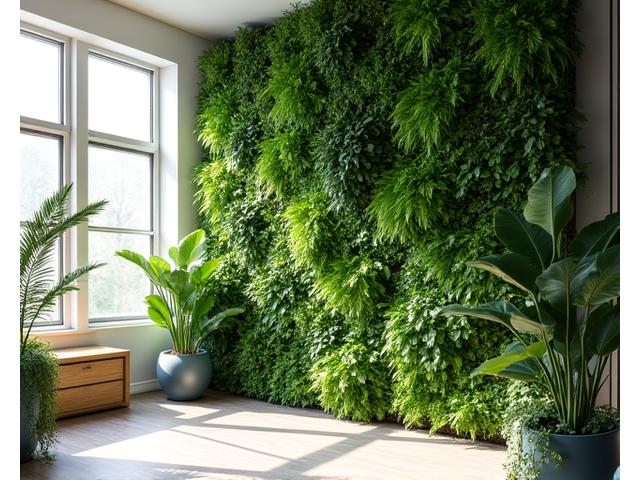 Indoor vertical garden featuring lush green plants mounted on a wall, with natural light illuminating the space.