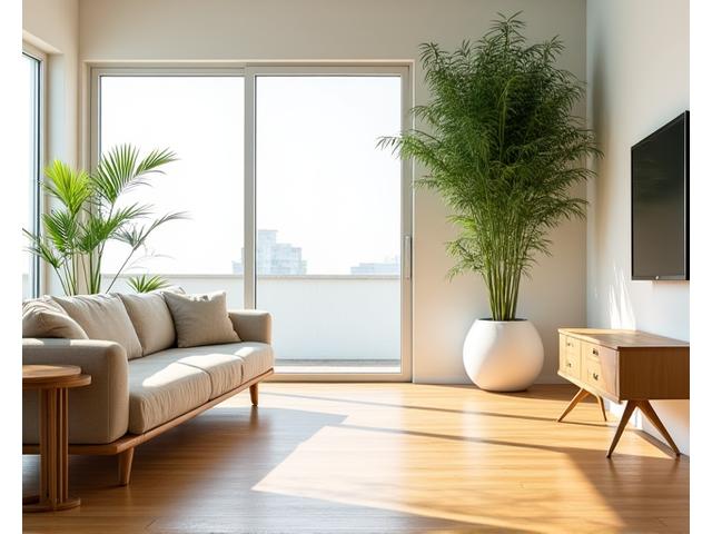 A modern living room with warm bamboo flooring, sustainable furniture, and natural light.