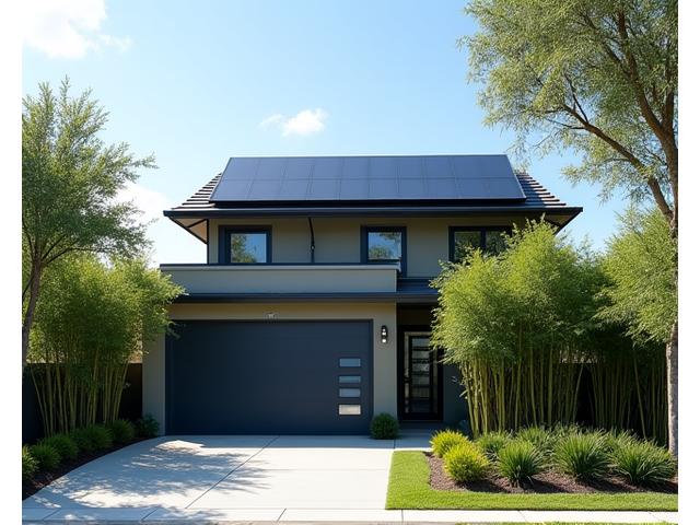 A modern Austin home featuring rooftop solar panels and lush bamboo landscaping providing natural privacy.
